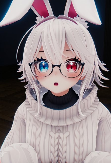 score_9, score_8_up, score_7_up, source_anime, vrchat screenshot, 3d, 3d graphics, best quality, 1girl, detailed eyes, kawaii, anime girl, blush, cute, white hair, bunny ears, glasses, sweater, dark room, darkness, dark, heterochromia
