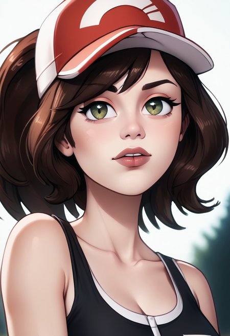 score_9, score_8_up, score_7_up, score_6_up, PRSNL_3_1, uncensored, pupils black dots, lips,
upper body, best quality, masterpiece, 4k, realistic, warm light,
Elaine, brown hair, brown eyes, ponytail, single sidelock, baseball cap, black shirt, red belt, blue shorts