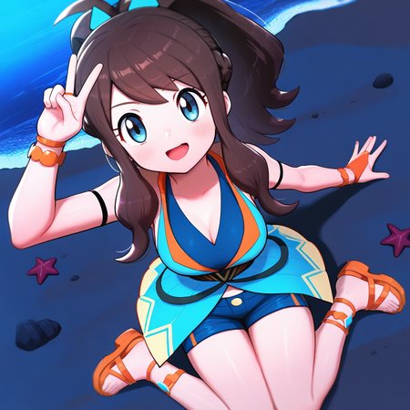 2d, masterpiece, best quality, amazing quality, highres, absurdres, newest, 1girl, solo, sitting, beach, night, from above, dutch angle, looking at viewer, medium breasts,  syghilda, blue eyes, brown hair, sidelocks, high ponytail, antenna hair, sleeveless dress, showgirl skirt, multicolored dress, beige dress, blue dress, v-neck, bridal gauntlets, bracelet, blue shorts, short shorts, sandals, orange footwear, block heels