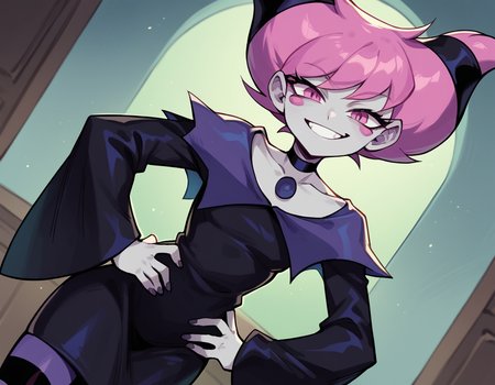score_9, score_8_up, score_7_up, source_anime, <lora:jinx-dc-ponyxl-lora-nochekaiser_r1:1>, jinx, jinx (dc), colored skin, grey skin, hair horns, pink eyes, pink hair,, choker, long sleeves, pantyhose, striped clothes, striped pantyhose, black dress, wide sleeves, collarbone,, indoors, smug, smile, looking at viewer, solo, hands on hips,, cowboy shot, dutch angle