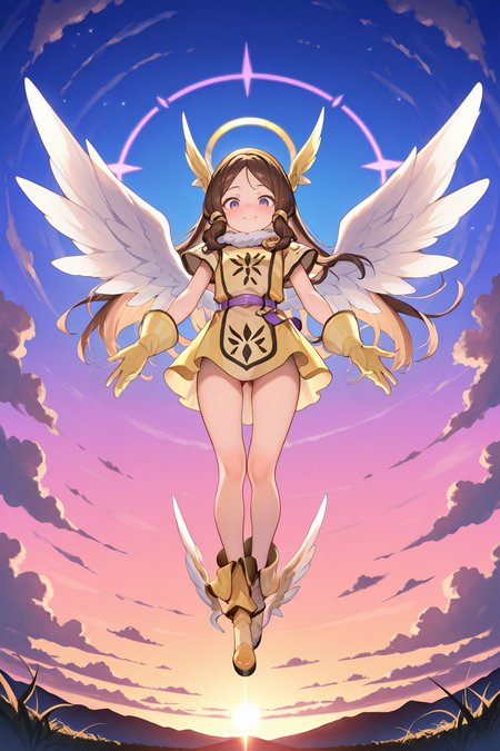 (hand), masterpiece, very aesthetic, absurdres, best quality, amazing quality, high resolution, newest, very awa, <lora:illustrious_quality_modifiers_masterpieces_v1:0.8> , <lora:ChamIllustriousBackgroundEnhancer:0.5>,  (solo),    <lora:ValkyrieYggdraIL:0.8> , valkdef, 1girl, purple eyes, brown hair, long hair, winged hairband, yellow tunic, purple belt, yellow gloves, yellow boots, winged footwear, full body, angelic, spreading arms, ominous, from below, spreading wings, angelic, halo, white wings, smile, exterior, heaven, clouds parting, looking down, looking at viewer,  smile,