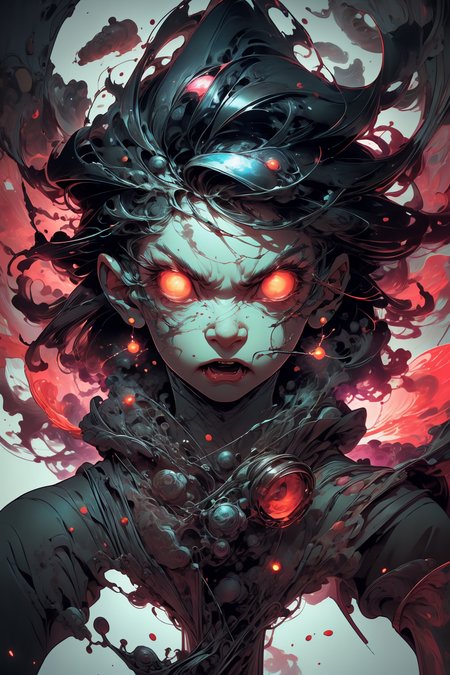 glowing eyes, glow, rage transformation, (red eyes:1.2), (rage:1.2), psycho, (madness:1.2), (angry:1.4), wide-open eyes, blood, bloody face, 
<lora:more_details:0.4>
 <lora:Cosmic anime-oil fusion v2:0.45> 
<lora:AnimeVibesV3:0.3> animevibes, 
<lora:3DMM_V11:0.5> 3DMM 
<lora:midjourney_20230624181825:0.7> midjourney ,
 <lora:LAS:0.2> cloud,colorful,
<lora:msw_locon-t2:0.6>
 <lora:wuxia2:0.6> gu,
 <lora:CyberpunkStyleV1:0.35> PunkAI,
 <lora:CelestialSkin2:0.5> dark celestialskin body, void cosmic body,, shiny, shiny hair, shiny skin, shiny clothes