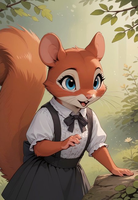 score_9, score_8_up, score_7_up, score_6_up, score_5_up, score_4_up, m0use_maximilla, (((squirrel))), in the style of Beatrix Potter, (red fur, blue eyes), cute, (feral), (furry), open mouth, talking, (solo)
[][][][][]
frilly shirt, ((black skirt)),
[][][][][]
outdoors, nature, (upper body shot), 