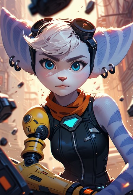 zPDXL3, score_9, score_8_up, score_7_up, score_6_up, score_5_up, score_4_up, 1girl, medium breasts,
black body suit, fighting stance, 
cyber city,
racrivet, ratchet & clank, short, blue fur, body fur, 
single mechanical arm, (single bare arm:1.4), (no headwear:1.4), mohawk,