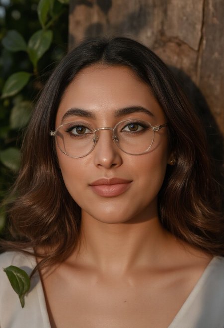 A hyper-realistic portrait. cinematic upper body photo, Dramatic Shadow with a Bold Look, A brunette woman, her hair neatly styled with subtle highlights that catch the light softly, beam of light on her, She wears round, silver-framed glasses perched elegantly on the bridge of her nose, excellent dynamic range, makeup, natural youthful glow. White modern clothes, straight white hair cascading down her shoulders, Her eyes are almond-shaped and striking blue ,accentuated by thick ,eyeliner. Her eyebrows are well-groomed,framing her eyes. arctic circle snow drift, snowing, snowflakes, cold, chill bumps, approaching perfection, dynamic, highly detailed, smooth, sharp focus, intricate details, shallow depth of field, vignette, high budget, bokeh, cinemascope, moody, epic, gorgeous, film grain, grainy,(skin texture:1.4) 
adorned with cascading vines and blooming flowers, Extreme emphasize on photorealistic, realistic detail, realistic reflection detail and realistic background detail. surrounded by lush greenery or a garden bathed in soft, golden sunlight filtering through leaves. The atmosphere is one of tranquility and happiness, enhanced by the subtle interplay of light and shadow across the scene