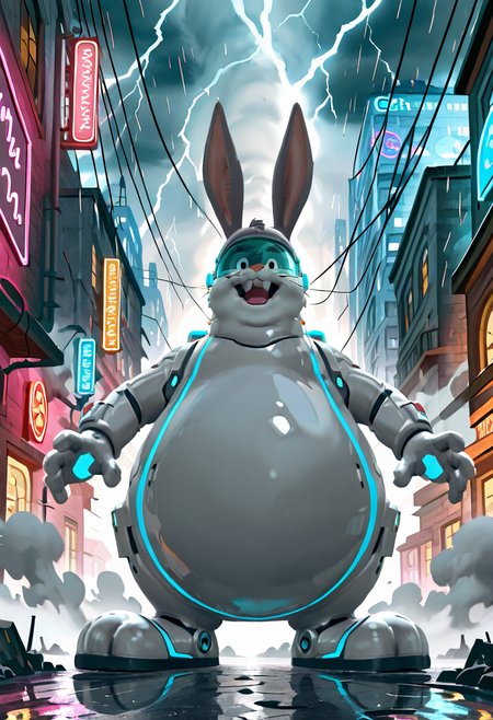 masterpiece, best quality, no humans,   zzBigChungus, looking at viewer, dynamic pose,   steel mech suit, visor, rocket boosters, laser cannon, futuristic city, neon lights, rain, smoke, rubble, dynamic pose, low angle, cinematic lighting â In a rain-drenched cyber-metropolis, Big Chungus lands with a thunderous crash, rocket boosters hissing steam. His visor gleams neon blue as he raises a laser cannon brimming with pulsating energy, his armored mech suit reflecting bursts of lightning across shattered glass and burning streets.  ,<lora:BigChungusIXL:1.0>,