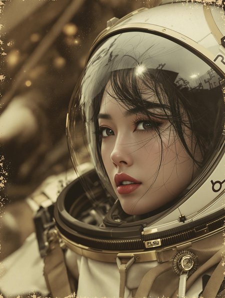 photographic poster art, extreme detail,  a beautiful oriental space explorer wearing an advanced spacesuit, loose disheveled hair, slightly parted lips, detailed fabric, [masterpiece], [best quality], chiascuro, showing image from the waist up, and closeup portrait, [best quality], chiascuro, abstract sepia-tinged background