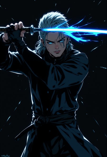 masterpiece, illustration,fantasy, best quality,concept art. A man with slicked-back gray hair holding a katana with one hand, a man wearing a long black coat. Close-up of a man attacking with a sword, cutting through the darkness. a masterpiece, a cinematic frame, a flash of blue energy in the form of linear rays, a minimalistic black background in the form of broken glass. cinematic lighting, a face illuminated by flashes of light, masculine facial features expressing strength and a sparkle in the eyes.Gloomy deep tones,style painting,  <lora:MJanime_Flux_LoRa:0.6>, Anime style, <lora:FluxMythP0rtr4itStyle:0.5>, mythp0rt, <lora:NeonFantasyFLUX:0.7> ,ne0nfant4sy, <lora:lora:0.8>, dmc5vergil, black coat, fingerless gloves, pants,
