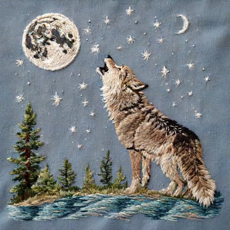 <lora:SDXL_embroidery_Sa_May_V8:1> embroidery, a baby wolf howling at the moon