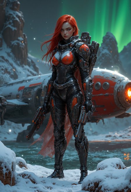 Dark Fantasy Art, a realistic portrait image of An athletic female space bounty hunter on the icy surface of a frozen alien planet. red hair, Snow and ice crystals cling to her skin tight futuristic armor, sexy alluring, femme fatal, slim waist, large breasts, which has subtle warm hues to contrast the cold landscape. Her breath is visible in the frigid air as she scans the horizon. Towering ice cliffs and frosted alien flora surround her, while a large, frozen lake reflects the glow of a green aurora in the night sky above. Her determined expression shows through the icy mist as she stands by her landed space plane with an open cockpit
she holds 2 plasma pistols in both hands akimbo as she hunts her prey
artistic style of Jean "Moebius" Giraud
, glow effects, godrays, Hand drawn, render, 8k, octane render, cinema 4d, blender, dark, atmospheric 4k ultra detailed, cinematic, Sharp focus, big depth of field, Masterpiece, colors, 3d octane render, 4k, concept art, trending on artstation, hyperrealistic, Vivid colors, extremely detailed CG unity 8k wallpaper, trending on CGSociety, Intricate, High Detail, dramatic  <lora:Midjourney_-_SemiReal_Dreams_FLUX_LoRA:0.7> <lora:FluxMythV2:0.5>  <lora:flux.1_lora_flyway_Epic-detail_v2:0.5>,