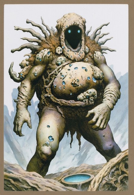 b3rs3rk macro lens d4concept pov, 3D01S, simple background d4artstyle atmospheric and powerful MikeFranchinastyle dark fantasy, natural organic and first person pov of a berserk style creature in the frazetta drawing style and Tsutomu Nihei style
Anthropomorphic mushroom creature, combining traits from various fungi. The creature has a bulbous, rounded body covered in textured, pale skin, with patches of moss and fungal growths sprouting from its surface. Its head resembles a large mushroom cap with a rugged, uneven edge, drooping slightly over its round face. Small, glowing eyes peer out from under the cap, giving it an inquisitive expression. Multiple spore sacs and fungal sprouts protrude from its back and shoulders, some resembling clusters of smaller mushrooms while others are elongated stalks. The creature’s arms are stubby and end in root-like fingers, while its legs are thick and sturdy, with mycelium-like tendrils wrapping around its feet. There are patches of bioluminescent fungi dotting its form, emitting a faint glow. The skin texture is highly detailed, mixing smooth, rubbery surfaces with rough, bark-like areas. 
Background solid color with a faded dimly lit, fog-covered darkness tone that emphasizes its silhouette. 
UHD letterboxed game trailer frame chromatic aberration dark atmosphere sharp masterpiece with a focus on the character, elden ring, dark atmosphere