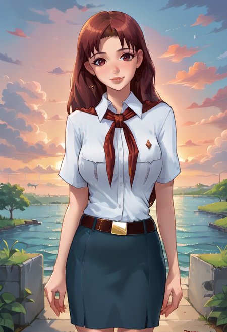 score_9, score_8_up, score_7_up,
amazing background, outdoors, sunset, clouds, sky
1girl, olga dmitrievna, long hair, solo, shy smile, lips, big breasts, beautiful eyes, beautiful hair, oman, full body view, hands crossed on chest
white collared shirt, short sleeves, red neckerchief, neckerchief, belt, blue skirt
standing, looking at viewer