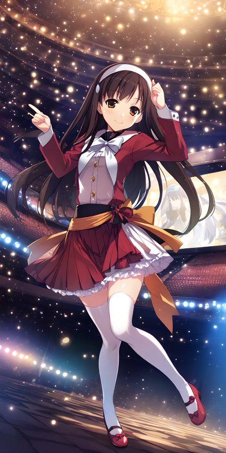yuki_morikawa, 1girl, solo, thighhighs, long hair, white thighhighs, skirt, hairband, smile, stage background, shoes,  brown eyes, full body, white dress, red jacket, red skirt, <lora:XL-YukiMorikawa:1>