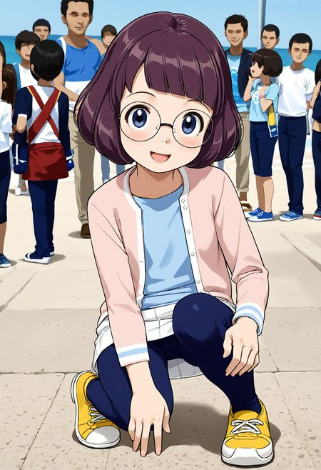 <lora:Hyper-SDXL-8steps-lora:1> <lora:Fixhands_anime_bdsqlsz_V1:1> zPDXL2, score_9, score_8_up, score_7_up, source_anime, intricate details, perfect anatomy BREAK
outdoors, beach, ocean, audience, crowd, on one knee, hand on ground, elbow on knee, looking at viewer, downblouse, Confident, Eyes that meet the viewer directly, a slight smile, and a relaxed posture., dynamic angle, 
1girl, solo <lora:YW-misora_inaho_XL(pony)v10:1> YW-inaho, purple hair, bob cut, short hair, glasses, pink cardigan, blue shirt, white skirt, black leggings, yellow shoes,