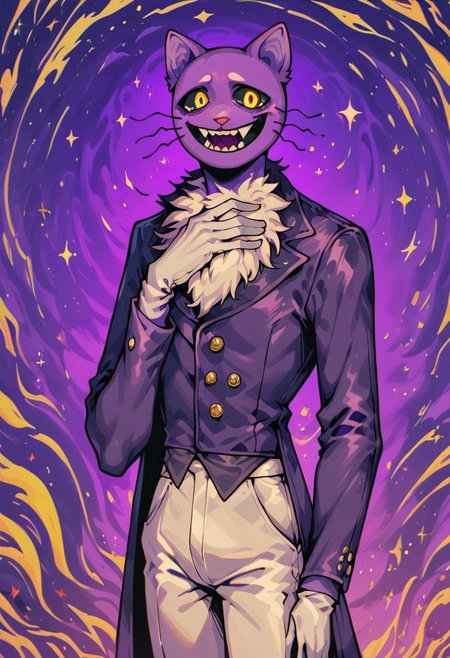 f3nn3r, Expressive, (trippy), score_9, score_8_up, score_8, abstract environment, 
solo, 1 boy, 
PocketCat, cat, purple latex cat mask, purple fur, wide smile, sharph teeth, purple blazer, trousers, white boots, white gloves, fur trim, purple jacket, white pants, standing, slightly tilted body, hand on chest, arm extended forward, yellow eyes, black sclera, male focus, standing