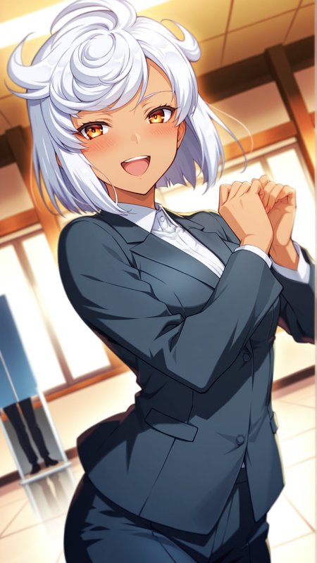 source_anime, general, best quality, masterpiece, 1girl, <lora:Tissisaaq_ill_v1.0:1> tissisaaq\(scarlet grace\),white hair, short hair, dark skin, dynamic pose, dutch angle, business suit, happy, embarrassed,  cowboy shot,