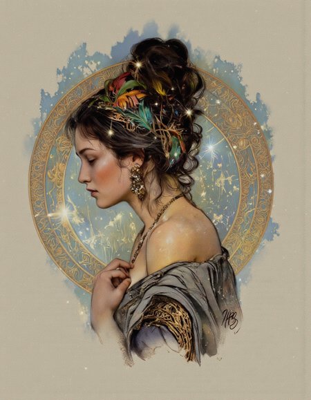 Art by Thomas Haller Buchanan. A digital illustration shoot from a profile camera angle about a portrait of a woman with intricate hair and jewelry, set against a soft, shimmering background with a circular mandala design. the image also shows a dreamy, ethereal atmosphere with sparkling stars. on the middle of the image, a woman appears to be in her early twenties, with long, dark hair styled in a high ponytail and adorned with colorful, feather-like accessories. she is facing away from the viewer, with a serene expression on her face. her body is slim, and she is wearing a gray, off-the-shoulder top with intricate patterns. she has a pair of earrings on her ears and a necklace around her neck. her hair is adorned with feathers, and her eyes are closed, giving her a peaceful and contemplative look. the background features a large, ornate mandala with a light blue and gold color scheme, and the image has a watermark in the bottom right corner.