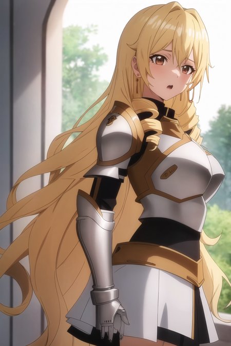 bozes, anime art style, 1girl, solo, long_hair, looking_at_viewer, open_mouth, blonde_hair, brown_eyes, jewelry, upper_body, earrings, armor, drill_hair, shoulder_armor