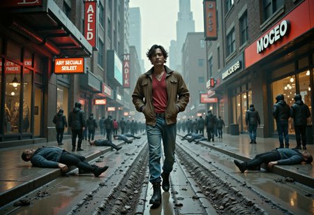 in the style of cksx, 
Candid image, photography, natural textures, highly realistic, extremely wide shot of a man in brown bomber jacket, blue jeans, red shirt and black high tops, dirty filthy, brown short wavy hair, tanned skin, walking down dirty cyberpunk alley, both hands in jacket pockets, smoking cigarette, homeless laying on curbs, around fires in garbage cans, crowds on sidewalks, neon signs in windows, stores, skyrises, metropolis cyberpink city, cloudy day, windy,