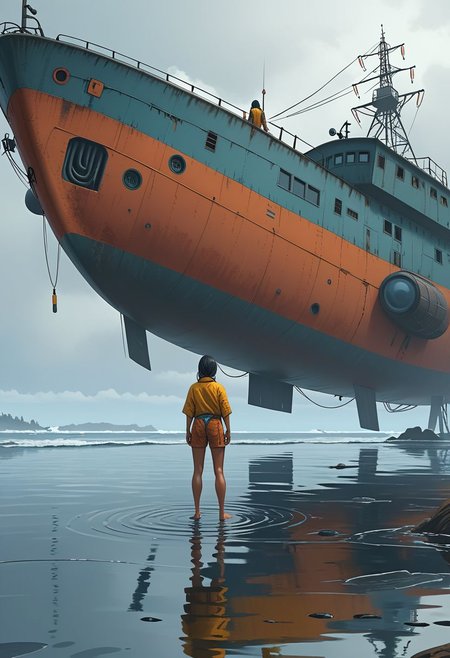 Dynamic wide angle full body view of an Hawaiian woman standing on the surface of the ocean while a specular female creature of the ocean stands upside down, feet on feet under her. Japanese V sign and a smile for the viewer!
Many details everywhere. 
Ray-Tracing. 
Anti-Aliasing. 
Realistic reflections. 
Realistic soft shadows. 
Slightly desaturated colors. 
Insane quality. 
Insane resolution. 
Insane details. 
Masterpiece. 
16k resolution.
By Simon Stalenhag.