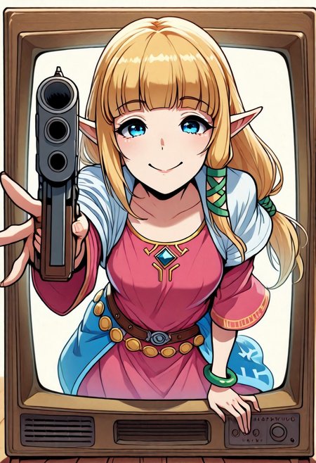 masterpiece,best quality, 2D, 1girl, solo, zeldssn11, blonde hair, hair tubes, hair ribbon, low-tied long hair, blunt bangs, blue eyes, pointy ears, brown belt, pink dress, green bracelets, white capelet, blue waist cape, medallions, scr33n, screen, emerging, emerging from television screen, big smile, holding gun