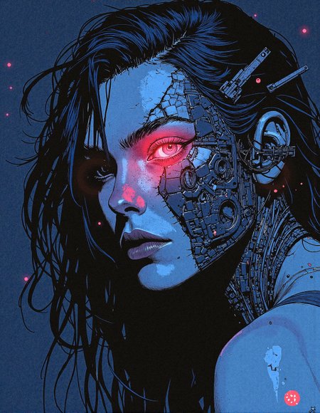 Comic book illustration,
A hauntingly cybernetic portrait of a mysterious AI revenant, her face partially consumed by fractured blackened metal plating, revealing intricate layers of exposed circuitry and biomechanical tendrils pulsing with eerie red energy. Her remaining organic features are illuminated in a haunting cobalt-blue glow, her lips slightly parted, as if trapped between artificial intelligence and lost humanity. A sinister crimson optic implant replaces her left eye, flickering erratically like a corrupted data stream, sending fragmented electrical pulses through the deep cracks in her synthetic skin. Her long, tangled black strands of hair weave through decayed wires and broken fiber-optic strands, merging seamlessly with the darkness of the background, where drifting neon particles float like digital dust in an abyssal void. The surreal contrast between the deep blue lighting and the jagged red biomechanical enhancements creates an intense, cyberpunk-inspired dystopian horror aesthetic, evoking the last remnants of a forgotten consciousness buried beneath layers of deteriorating cybernetic augmentation. The entire composition is rendered in hyper-realistic, painterly detail, with every scarred metallic fragment, broken wire, and faint holographic distortion immersing the viewer in a post-human nightmare of digital decay and mechanical rebirth.
 <lora:FluxDFaeTasticDetails:0.3> <lora:Comic_Style_-_FLUX:0.8>
