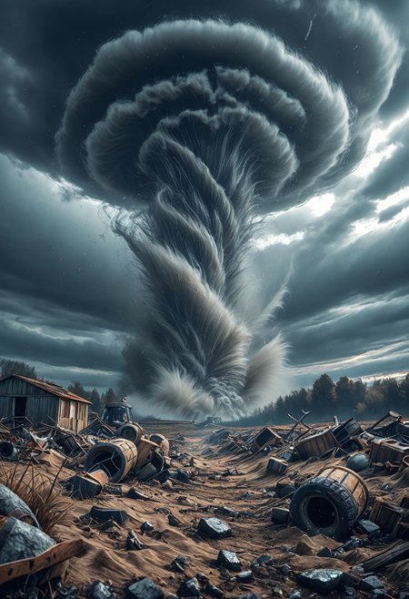 SmoothNoob_Quality, tornado, dark clouds, farm field, destruction, floating debris, dust cloud, dust, <lora:Smooth_Booster:0.5>​​​