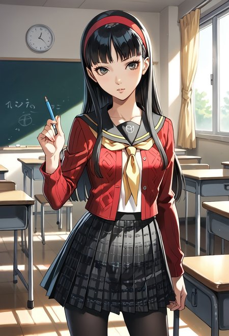 score_9, score_8_up, score_7_up, (source_anime), 1 girl, solo,
Amagi Yukiko, long hair, pleated skirt, black hair, bangs, red cardigan, school uniform, hairband, serafuku, yellow neckerchief, black pantyhose, yasogami school uniform
indoors, classroom, masterpiece, best quality, ultra detailed, absurdres, very aesthetic