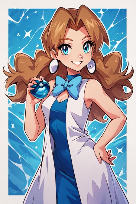 score_9, score_8_up, score_8, medium breasts, (curvy), cute, eyelashes,      rating safe,   BREAK,  <lora:Molly_Pokemon_PDXL:0.8>,  zzMolly,  blue eyes, brown hair, parted bangs, long hair,  blue dress, jewelry, earrings, blue bowtie, sleeveless, blue bow, white coat,  poke ball, holding poke ball,   abstract blue crystal background, white outline,   smile, hand on hip,   <lora:CatalystStylePDXL:0.6>,  <lora:SDXLFaeTastic2400:0.5>,  <lora:Expressive_H-000001:0.4>,