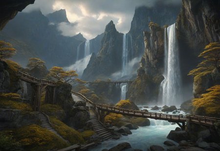 masterpiece, best quality, ultra detailed, professional light, cinematic lighting, ambient lighting, atmospheric effects, photorealistic, epic landscape, high fantasy, waterfall, mountains, cliff, bridge, Kintsugi style path, clouds
