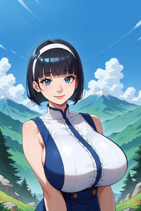 score_9, score_8_up, score_7_up, source_anime, BREAK, looking at viewer, smile, lips, outdoors, mountain, nature, huge breasts, blue eyes, black hair, hairband, bob cut, sleeveless dress, blunt bangs, <lora:YDBunny Pony:0.6>