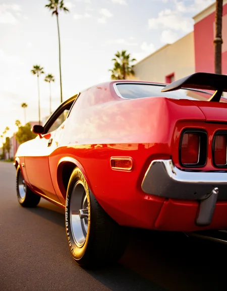cinematic film style, cinematic color style, Kodak film style. A vibrant 1970s muscle car, cherry red with chrome accents, parked on a sun-drenched street. The car gleams under a warm, golden light, reflecting the sky and clouds.  The background is a soft blur of pastel-colored buildings and palm trees. The image has a grainy texture, reminiscent of old film stock.  The composition is framed tightly, emphasizing the car's curves and powerful stance.  A sense of nostalgia and adventure permeates the scene.