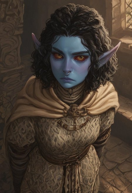 safe_pos, solo, short pointy ears, piercings, random elf face, aquiline features, androgenous dark elf, brow rings, nose rings, beaded piercings, weathered skin, large nose, insect chitin armor, insect chitin helmet, insect chitin ornaments, stylized insect pattern, athletic build,  animated realism, zoomed out, Syrian features, torso, brass pipes and gears, intricate architecture, dwarven masonry, dwemer fixtures, white-green light, gloomy lighting, ancient ruins, interior, stone tiled floor, grey-blue skin, mahogany and ivory clothes, medium armor, bone plate armor, ivory straps and fittings, alien bone ornaments, grey wood neckguard, red sclera, black pupils, blue-green light, neon, highly detailed, defined features, looking at viewer, three quarters view, from above, dynamic lighting, 19 years old, light and shadows, patterned cloth, annoyed expression, expressive eyes, detailed medieval clothes, medium_breasts, short hair, wavy hair, thick hair, beaded hair, braided hair, under cut hair, semirealistic, alien elf, spanish features, jewish features, black hair, dark red hair, umber skin, sharp features, pastel green inuit print cloak, nighttime, high detail, absurdres, pretty eyes, detailed eyes, yellow eyes,