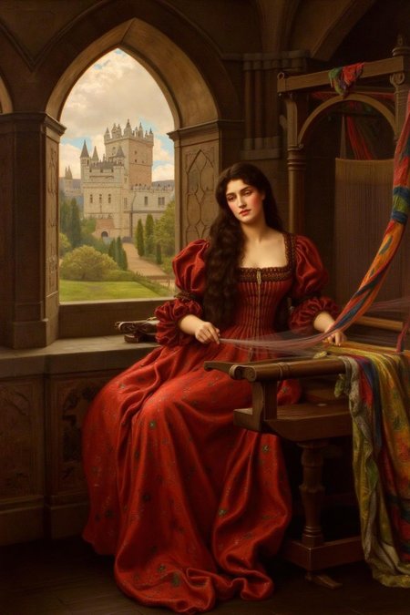 johncollier1 painting. 
jwwaterhouse1. 
A woman sitting inside a medieval castle. She has long dark hair, and is dressed in a flowing, richly detailed red dress with puffed sleeves and a cinched waist. She is working on a weaving loom with colorful textile. Behind her is a large open window showing a castle in the distance.  <lora:johncollier1_cap_d8a4e12:1.0><lora:850626790161433761:0>