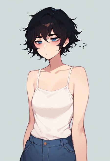 score_9, score_8_up, score_7_up, score_6_up, 2d,<lora:pepper0V1_r1:1> 
small breasts, 1girl, shaggy hair, hetero, pale, black hair, blue eyes, middle hair, eyebrows visible through hair, short hair, mature, collarbone, blush, bored eyes, confused face, clothes, petite, short height, young,