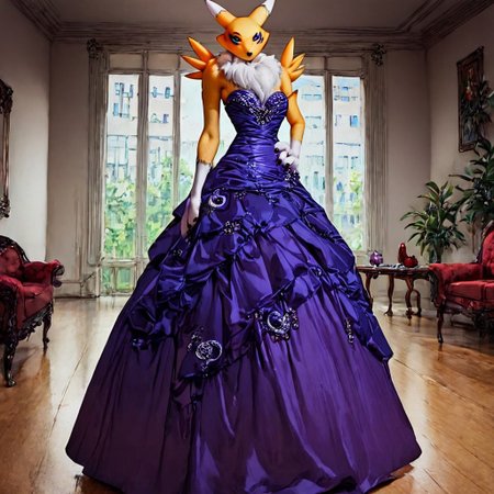 three_quarter_view ,score_9, score_8_up, score_7_up, score_6_up, score_5_up, score_4_up, source_furry, rating_explicit,
Renamon at a beautiful night ball wearing a purple colored ball gown and dancing