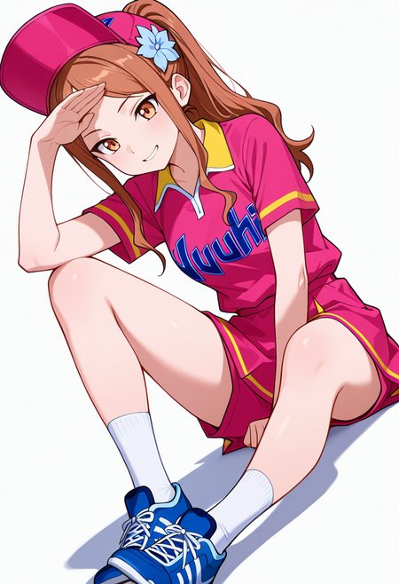 masterpiece,high quality details, absurdres,
 <lora:Aona:0.8> aona_cnr, 1girl, brown hair, long hair, ponytail, brown eyes, 
aona_s1,uniform_cnr, sportswear,pink shirt, short sleeves, shorts,skirt, socks,blue sneakers, hat, hair flower,, simple background, white background, dutch angle,solo,, forced smile,in heat,, one foot propped on surface,arm draped over forehead,dynamic twist,