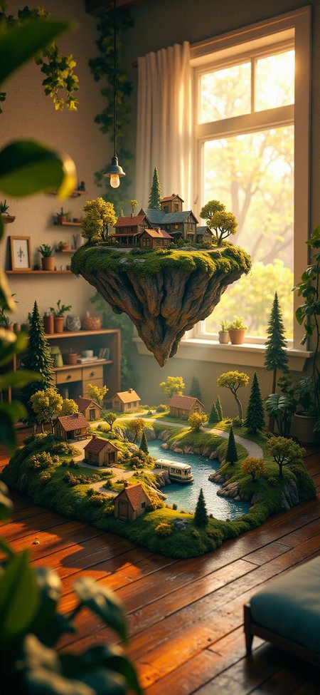 (indoor,very wide isometric view,tilt-shift lens:1.6), (windowless,fna_style,miniature,miniature,diorama,miniature,diorama,PVC,plastic:2),sunset jungle,beach,1950s town with bus  at (floating island,levitating  island:1.5) on (table:2) at (attic:2.5)   <lora:Diorama_Flux:1>
 <lora:Fantasy_Novel_Art_Style:1>