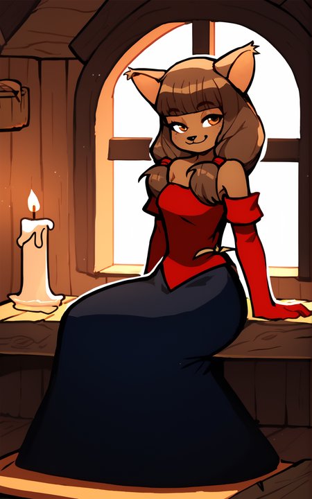score_9, score_8_up, score_7_up,((best quality)), absurdres,  <lora:3d-2d:0.8>,  <lora:MirandaPXL:0.9>,MirandaPXL,animal ears, brown hair, furry, dark skin, furry female, cat ears, brown eyes, red gloves, brown hair, amber eyes, long hair, animal nose, bangs, blunt bangs, twintails, cat tail, gloves, elbow gloves, shirt, long skirt, bare shoulders, skirt, black skirt, red shirt, sitting, inside cabin, medieval, candles, vegetation,smile,solo