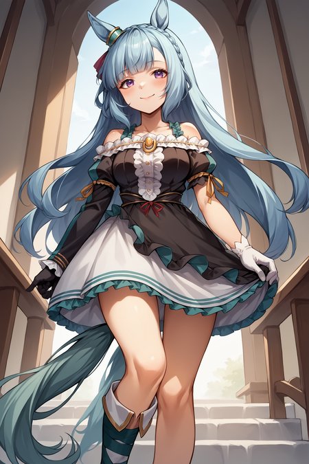 score_9, score_8_up, score_7_up, , rating_general ,1girl , ards, crown braid, horse ears, ear ornament, frills, off-shoulder dress, uneven sleeves, asymmetrical gloves, horse tail, mismatched footwear, dynamic angle , source_anime    ,  cowboy shot, indoors, naughty face, smile, night, outdoors, <lora:ArdanPDCAME UMA:1>