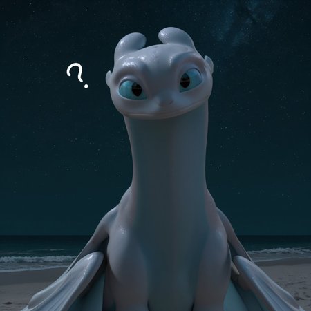 8k, uncensored, masterpiece, best quality, highly detailed, realistic, 1girl, solo, LightFuryHTTYD,furry, feral, dragon, scalie, light-blue sclera, black eyes, white body, white scales, light-blue body, light-blue scales, two tone body, two tone scales, dragon wings, long tail, expressionless, closed mouth, (looking at viewer, sitting, sand, night sky, stars, ocean, front view, detailed background, upper body, (head tilt, question mark)