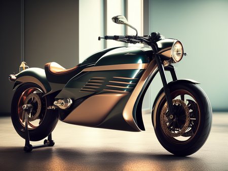 luxury oldtimer motorbike  in a futuristic showroom, design by retrofutur5-400, studio lighting, volumetric lighting, 10mm, perfect composition