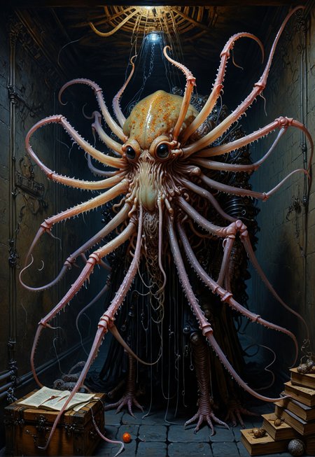 Rembrandt realistic oil painting, retro artstyle, score_9, score_8_up, score_9_up, very detailed, ultra realistic, (best quality) very detailed masterpiece, full body portrait of a squid-like spider-like horror monster in a dungeon, iridescent skin, muscular body, glowing eyes, rembrandt style, vermeer style, low saturation,  photo realistic oil painting,