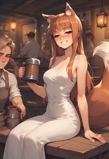 score_9, score_8_up, score_7_up, score_6_up, 1 girl, sweat, extremly detailed, Holo, Spice and Wolf, fox girl, fox ears, fox tail, white dress, wide smile, tavern, sitting at table, holding a tankard, drunk, 5 fingers