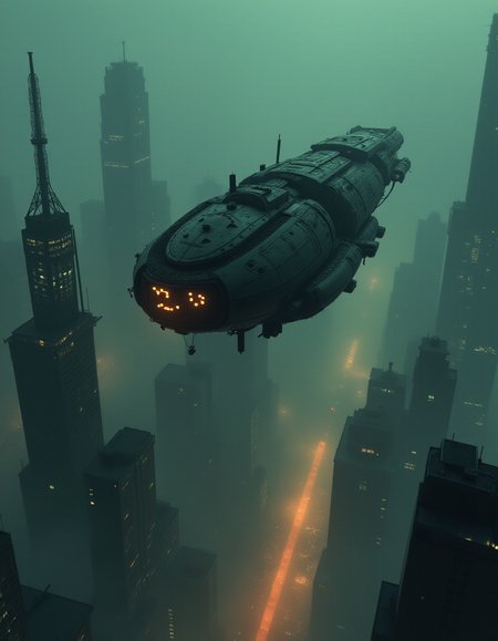 Ship flying over a futuristic city from the air, panoramic view, (Shinji Kimura, Tekkonkinkreet, Takashi Watabe, Innocence, John Berkey, Bayonetta) night, fog, intricate environment, high contrast, photo quality <lora:epi_noiseoffset2:1> <lora:add-detail-xl:1> <lora:Sinozick:1>