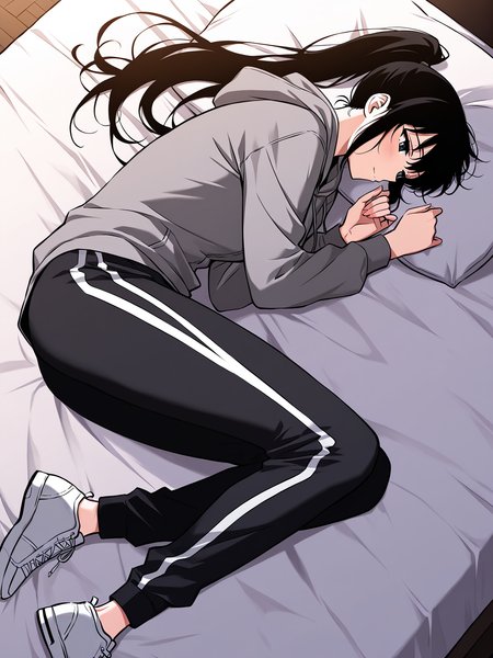 <lora:Omniscient_Readers_Viewpoint__Lee_Jihye:1>
1girl, solo, long hair, black hair, tied hair, high ponytail, black eyes, messy bangs, 
gray hoodie, black t shirt, black track pants, white stripe pants, white sneakers, modern clothing, 
score_9, score_8_up, score_7_up, score_6_up, source_anime, masterpiece, best quality, top-down view, a beautiful woman lying on a bed, relaxed pose, long flowing hair spread on the pillow, soft lighting, cozy bedroom, gentle expression, elegant nightgown, delicate sheets, natural shadows, serene atmosphere, slight perspective distortion from above
