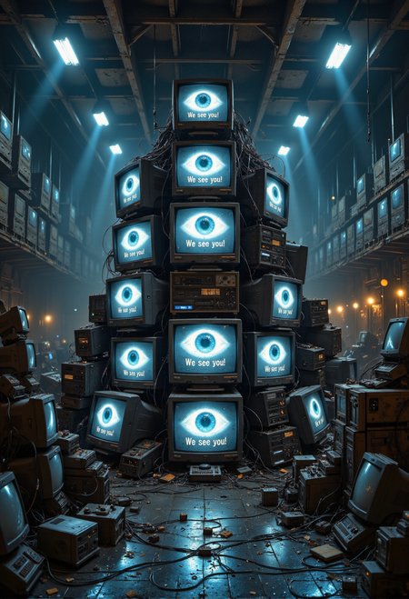 A chaotic stack of old CRT monitors and televisions is piled high in the center of a dimly lit warehouse. Each screen displays an oversized, glowing eye, unblinking and eerie, with the ominous words 'We see you!' written in bold beneath the eye. The screens casting a cold, bluish glow across the room, giving the scene an unsettling, dystopian vibe.  The warehouse itself is packed floor-to-ceiling with countless other monitors, all showing the same watchful eye. The dim lighting from exposed, flickering overhead bulbs barely illuminates the vast space, leaving rows of old, dust-covered monitors in shadow. Cables and wires spill out from the stacks of screens, tangled and sprawling across the cracked concrete floor. The heavy air is thick with dust and the faint hum of electricity, adding to the oppressive atmosphere. The glowing eyes follow every movement, creating a pervasive sense of surveillance and control, as if the warehouse itself is alive with watchful intent. <lora:Midjourney_Dreamlike_Fantasy_FLUX_LoRA.safetensors:0.75>,  <lora:artisketchyfs-v02.safetensors:0.75>,