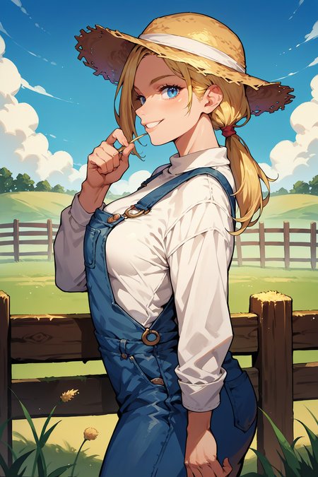 score_9, score_8_up, score_7_up, score_6_up, source_anime, 1girl, solo <lora:sonyablade-pdxl-nvwls-v1-000005:1> m1sb, blonde hair, low ponytail, blue eyes, breasts, fit, straw hat, white shirt, long sleeves, overalls, denim, looking at you, profile, fence, blue sky, field, smile
