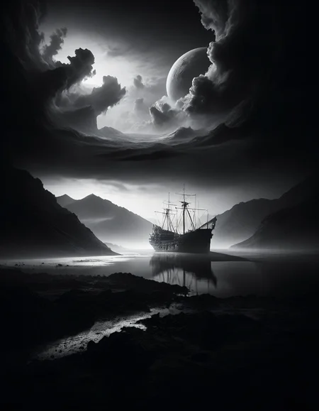 "The ral-drkatmsphr of Bounty", Scenic, [by Hideyuki Kikuchi, (Graham Ingels:0.8) ::18], Indirect light, 50mm, Single Color, monochromatic, <lora:ral-drkatmsphr-sdxl:1>, atmosphere, illustrious, dynamic background, complex artistic color composition, highly color focused, vibrant, highly complex, highly decorated