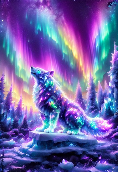 lazympos, morph-aurora, A platinum-tier animal sitting in  an aurora-lit crystal forest, prismatic light shards refract through ice formations, glowing celestial patterns dance across its obsidian collar, hyper-detailed fur texture with rainbow iridescence, 8k resolution.